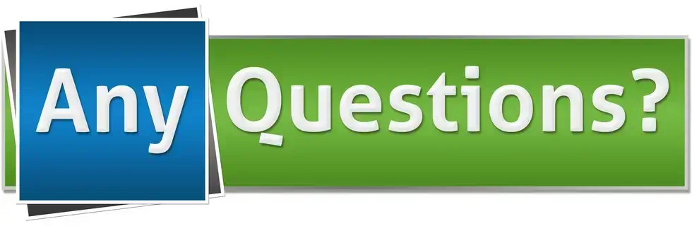 Blue and green colored banner with text that reads "Any Questions?".